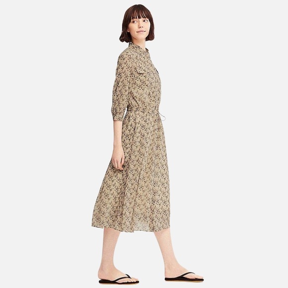 Tomas Maier Chiffon Midi Dress | Printed | Button Front | Tan | Small - Picture 2 of 10